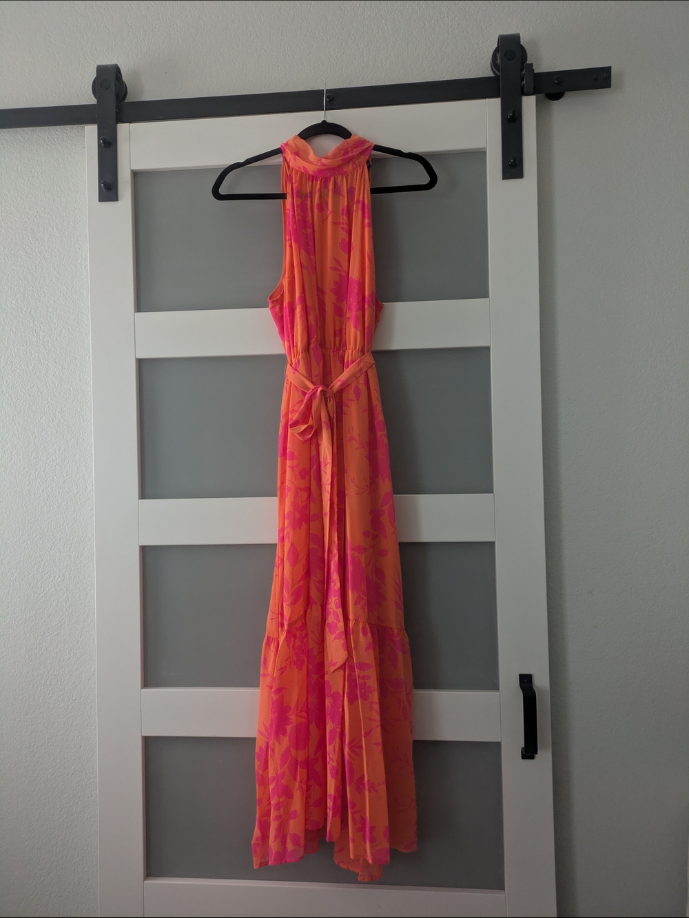 Sleeveless Halter Maxi Dress in Orange and Pink with Tie Waist